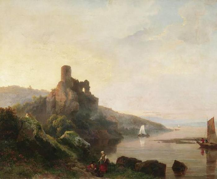 Pieter Lodewyk Kuhnen Romantic Rhine landscape with ruin at sunset
